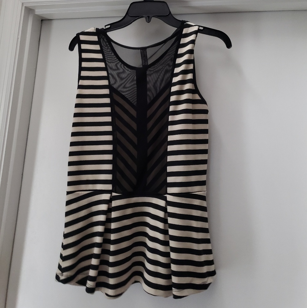 Womens Black/white Striped Sexy Peplum Top w/Mesh - Picture 3 of 8